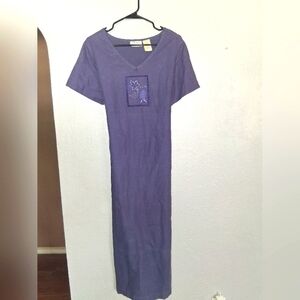 Erika Linen Blend Maxi Purple Embroidered Grapes Leaf Dress M